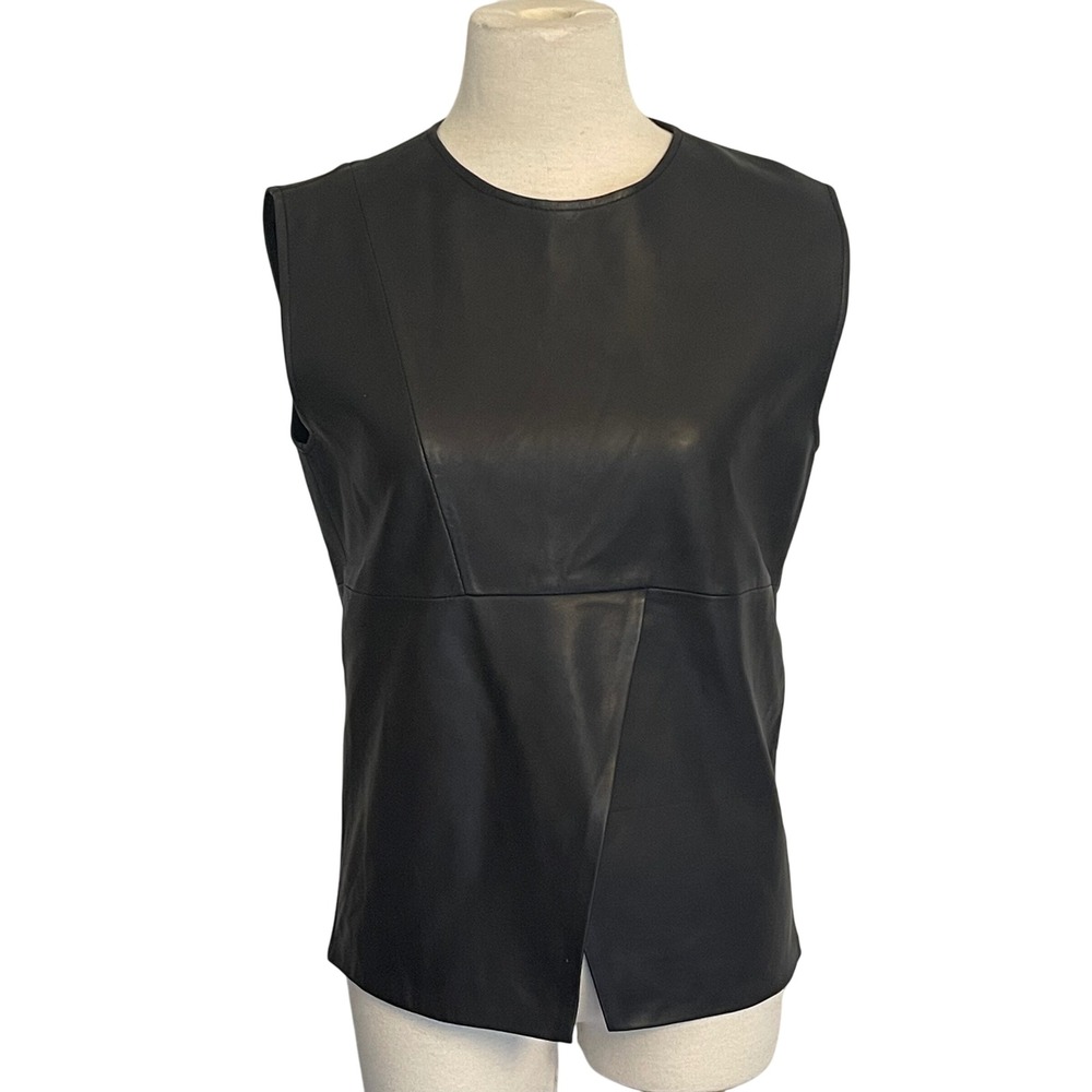 OAK NYC Black Leather Sleeveless‎ Asymmetrical Front Panel Top XS